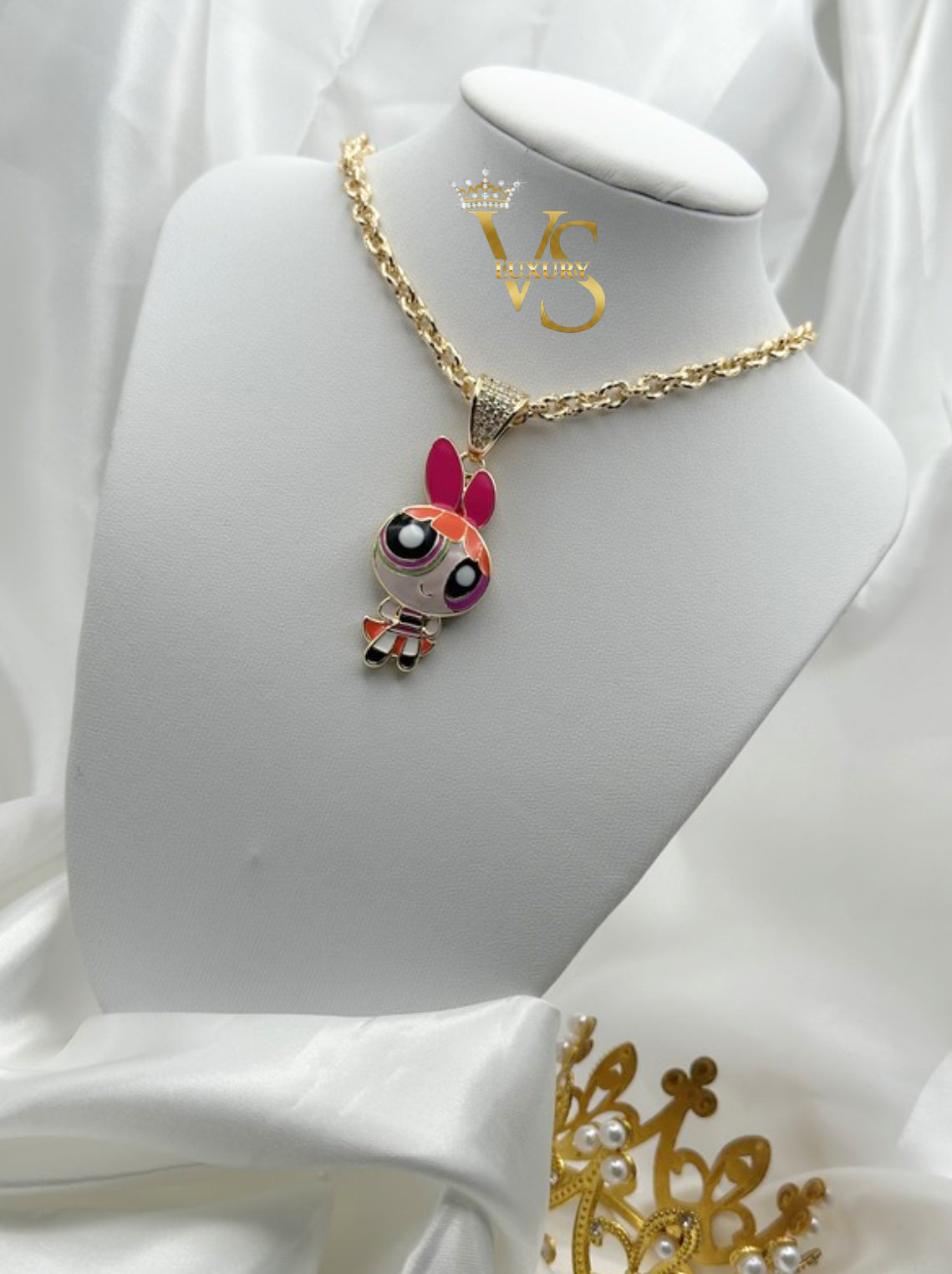 Valdes Luxury Cartoon Girl Pink Bow Pendant Chain – 14K Gold Plated, High Quality Everyday Jewelry