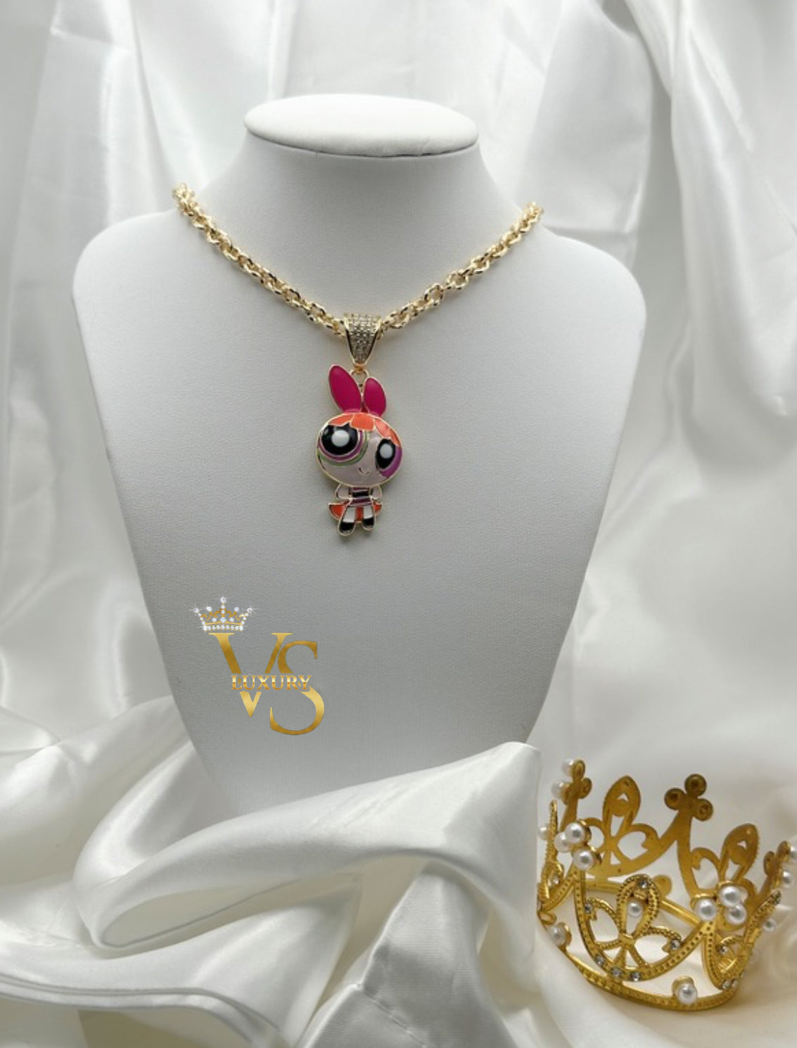 Valdes Luxury Cartoon Girl Pink Bow Pendant Chain – 14K Gold Plated, High Quality Everyday Jewelry
