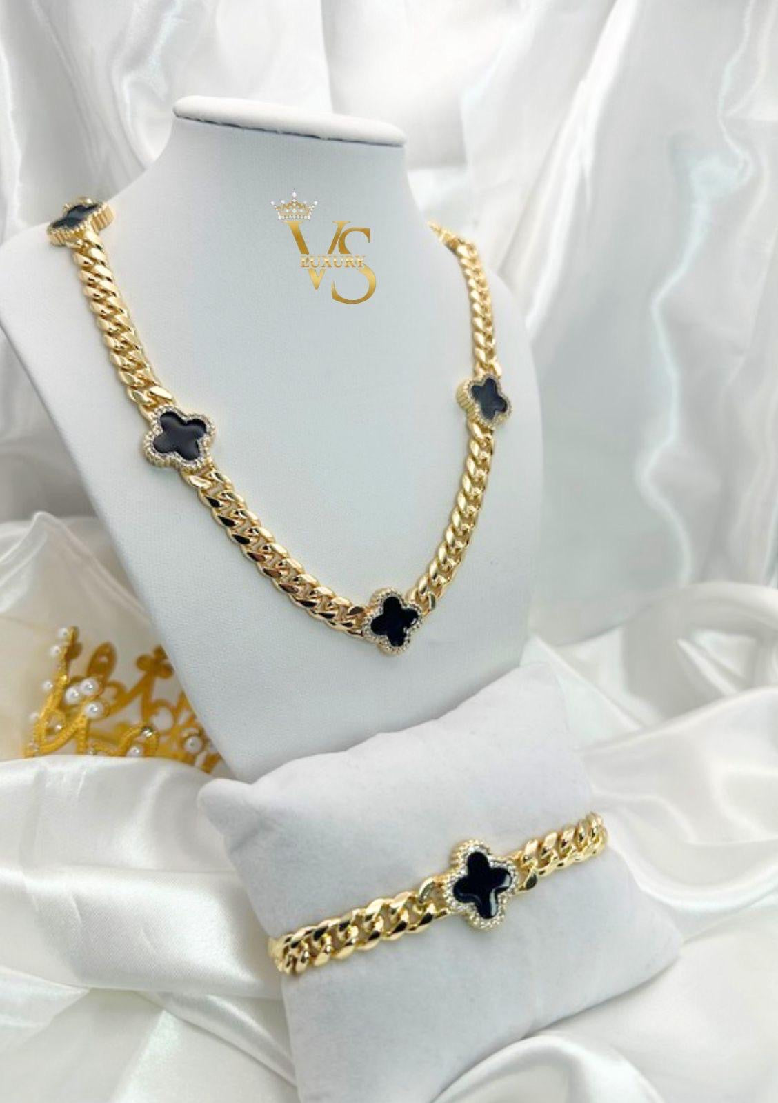 Valdes Luxury Monaco Black Floral Set – 14K Gold Plated Necklace & Bracelet