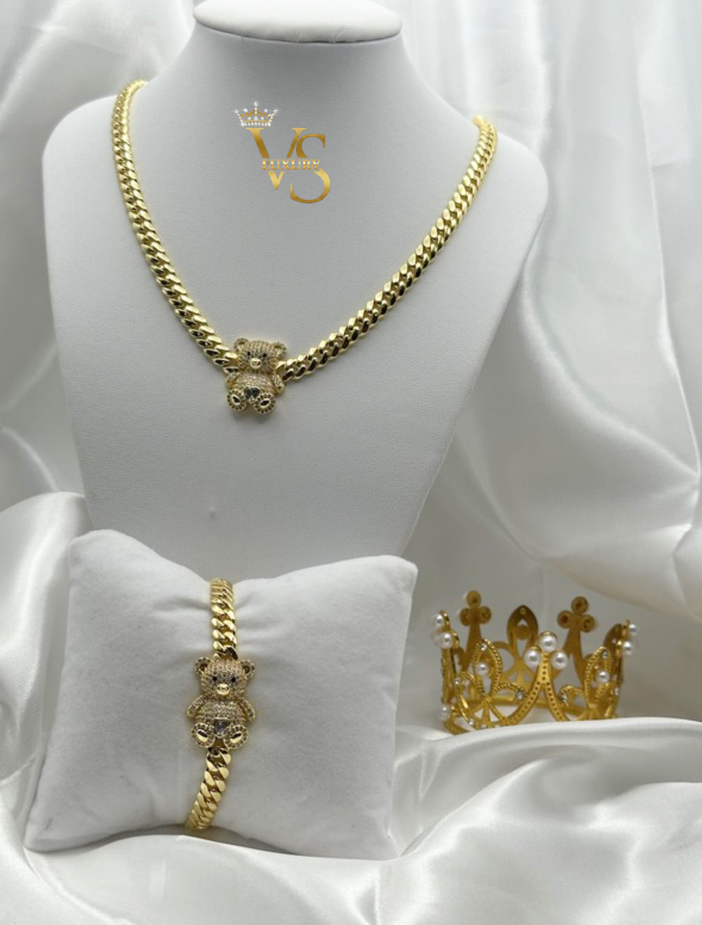 Valdes Luxury Cuban Link Necklace and Bracelet Set with Zirconia Bear Design 14K Gold Plated High Quality Everyday Jewelry 6MM