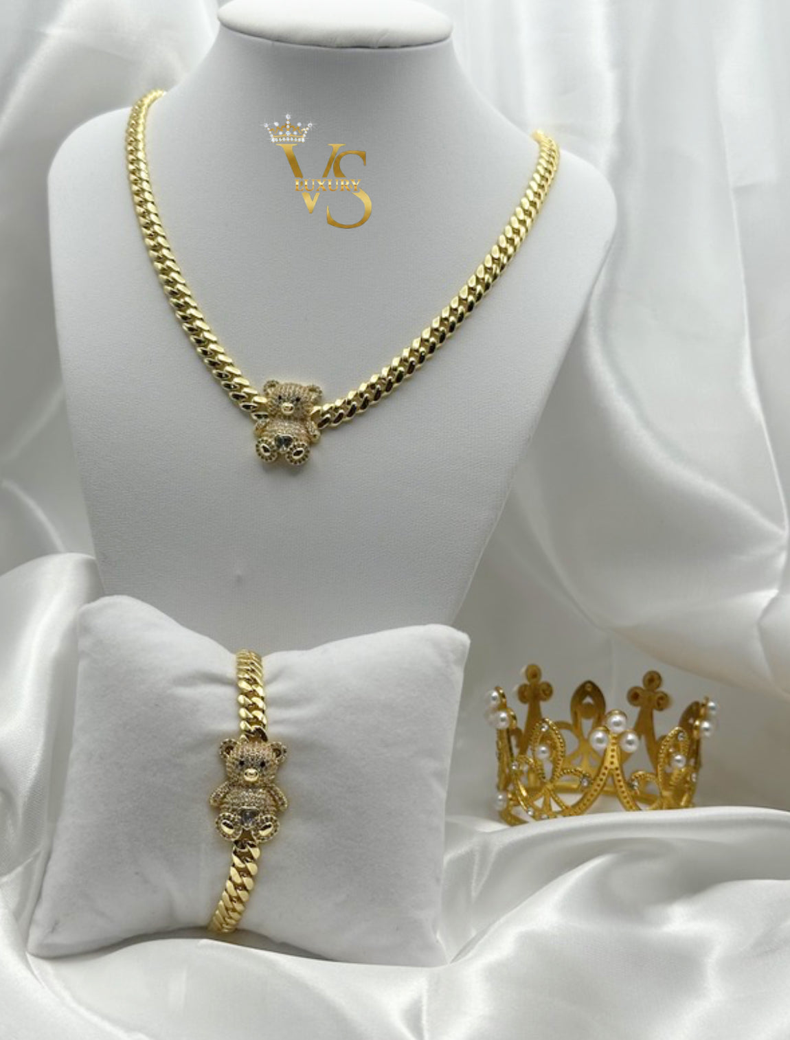 Valdes Luxury Cuban Link Necklace and Bracelet Set with Zirconia Bear Design 14K Gold Plated High Quality Everyday Jewelry 6MM