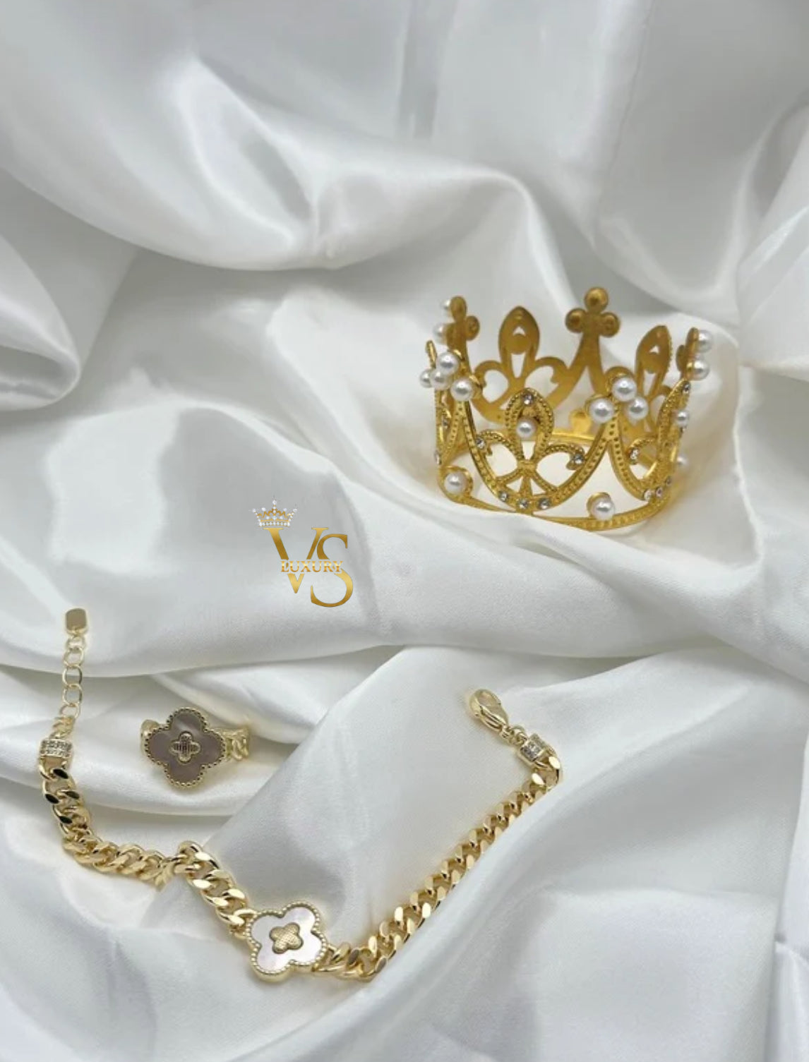 Valdes Luxury Pearl Floral Bracelet & Ring Set – 14K Gold Plated