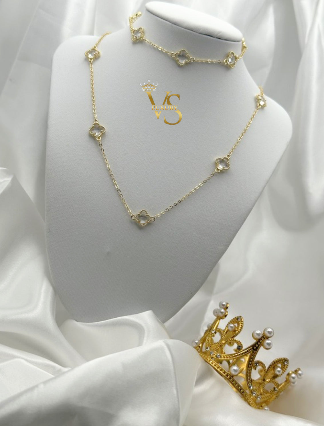 Valdes Luxury Clover Station Necklace 14K Gold Plated – Zirconia Details, Elegant High Quality Daily Wear Jewelry
