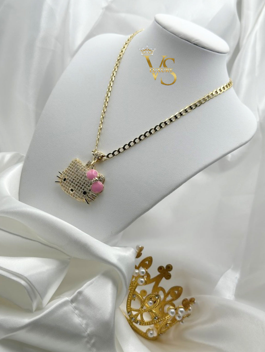 Valdes Luxury Cute Cat Pink Bow Pendant Chain – 14K Gold Plated, High Quality Everyday Jewelry