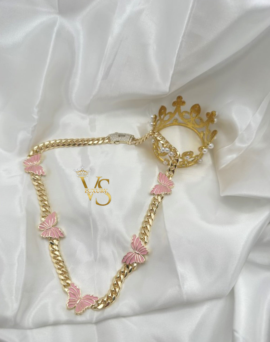 Valdes Luxury Pink Butterfly Chain Necklace – 14K Gold Plated Laminated Jewelry