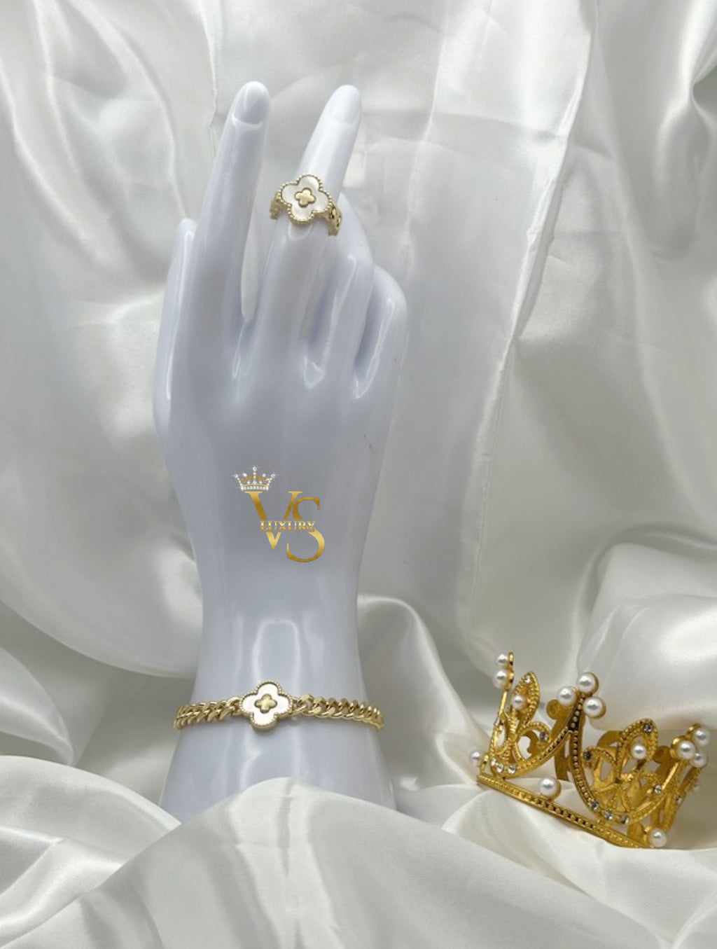 Valdes Luxury Pearl Floral Bracelet & Ring Set – 14K Gold Plated