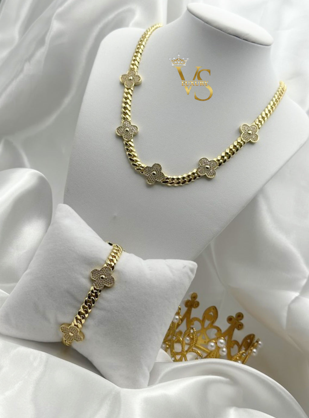 Valdes Luxury Cuban Link Necklace and Bracelet Set with Zirconia Floral Design 14K Gold Plated High Quality Everyday Jewelry