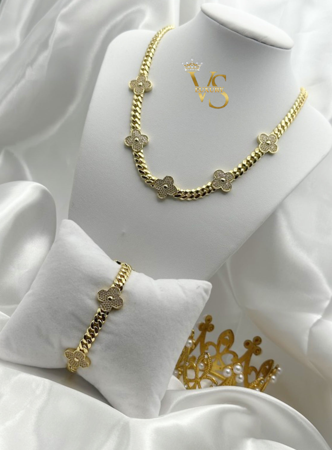 Valdes Luxury Cuban Link Necklace and Bracelet Set with Zirconia Floral Design 14K Gold Plated High Quality Everyday Jewelry