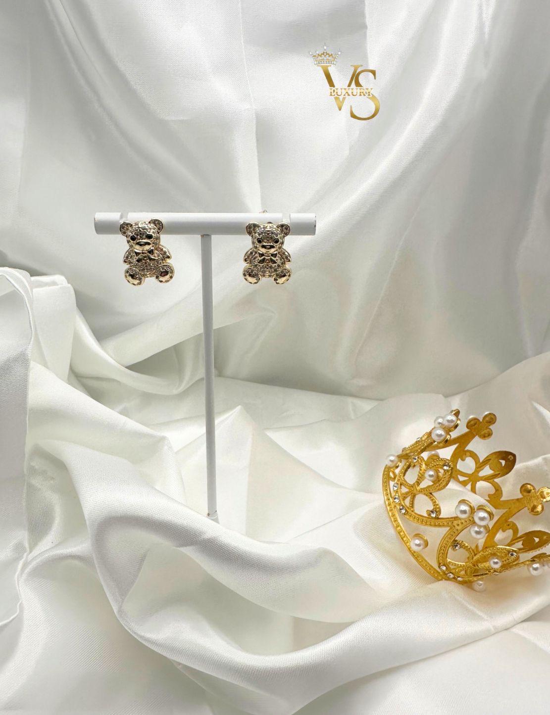 Valdes Luxury Bear Design Stud Earrings – 14K Gold Plated Clear Zirconia