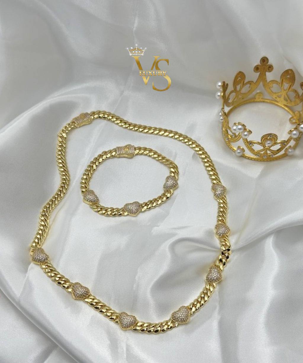Valdes Luxury Cuban Link Necklace and Bracelet Set with Zirconia Heart Details 14K Gold Plated High Quality Everyday Jewelry
