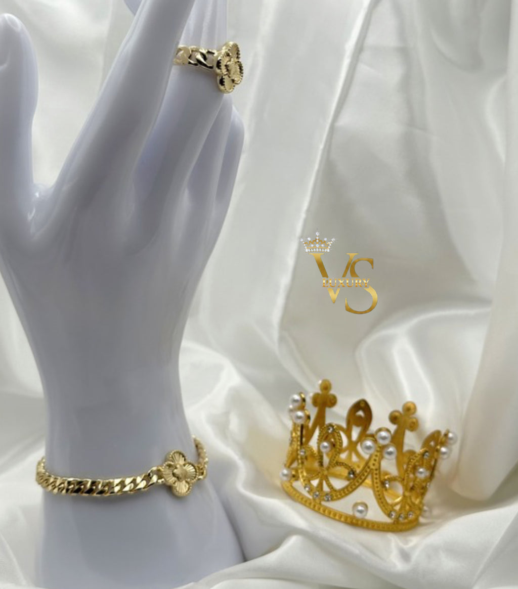 Valdes Luxury Floral Bracelet & Ring Set – 14K Gold Plated
