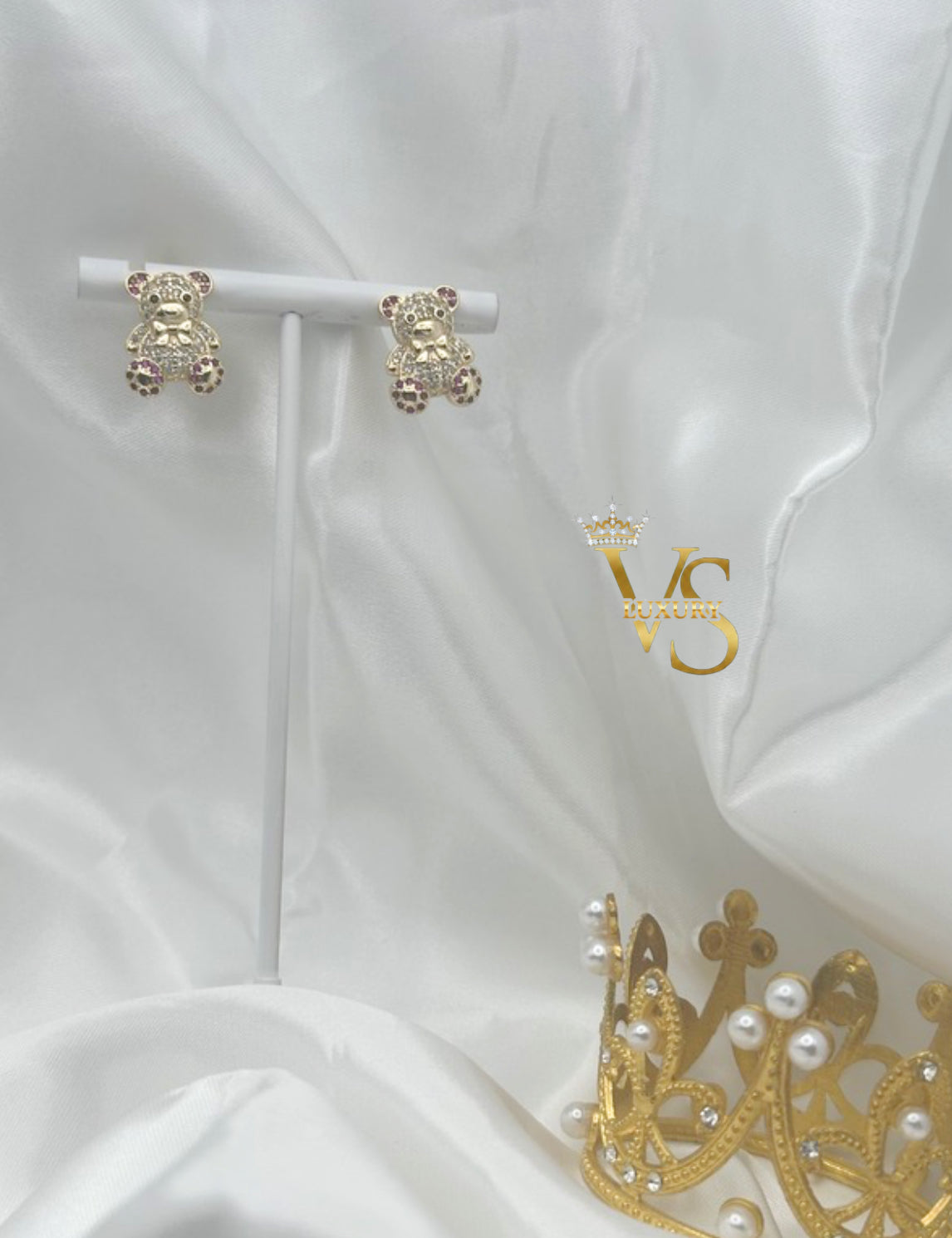 Valdes Luxury Bear Design Stud Earrings – 14K Gold Plated Pink Zirconia