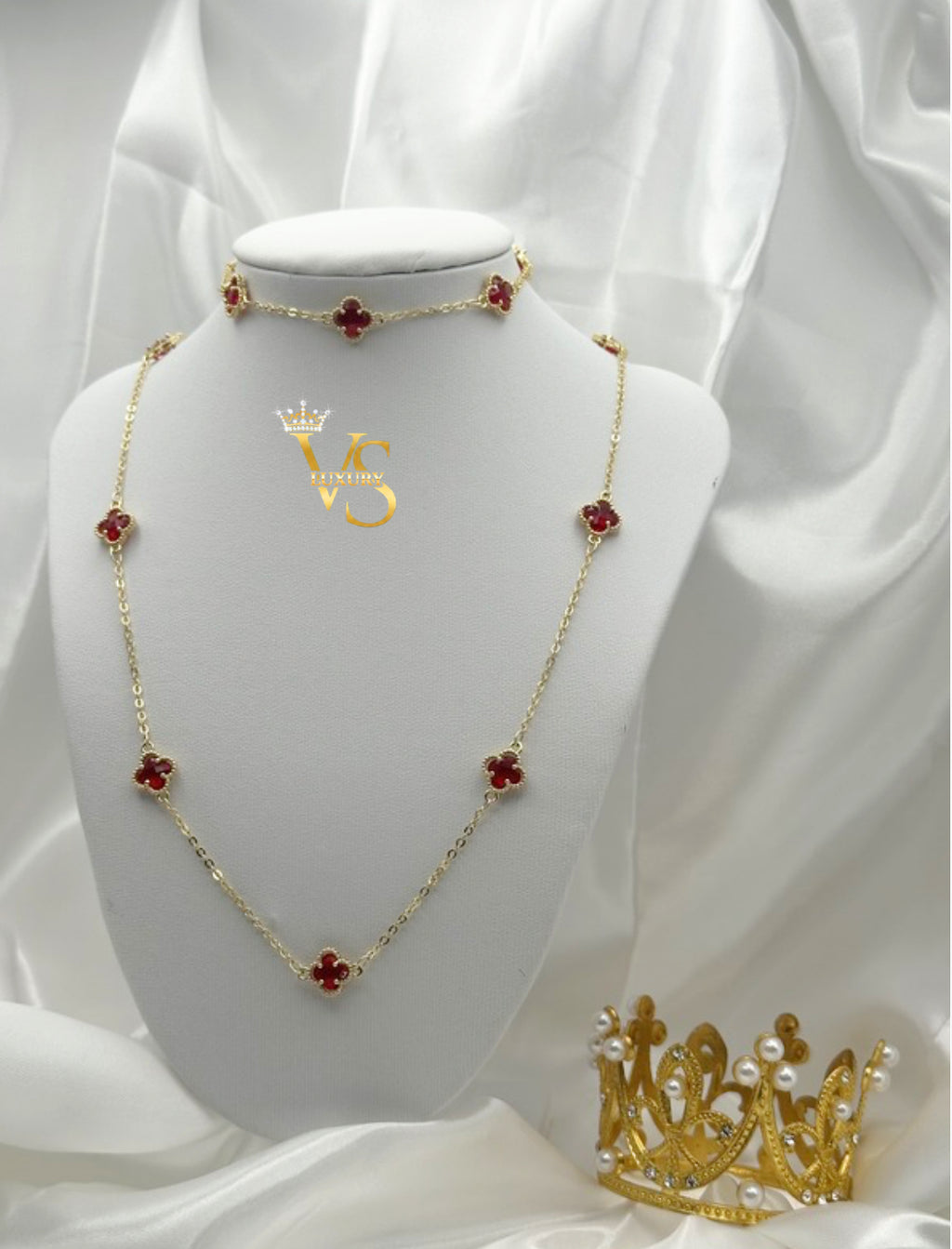 Valdes Luxury Clover Station Necklace 14K Gold Plated – Red Zirconia Details, Elegant High Quality Daily Wear Jewelry