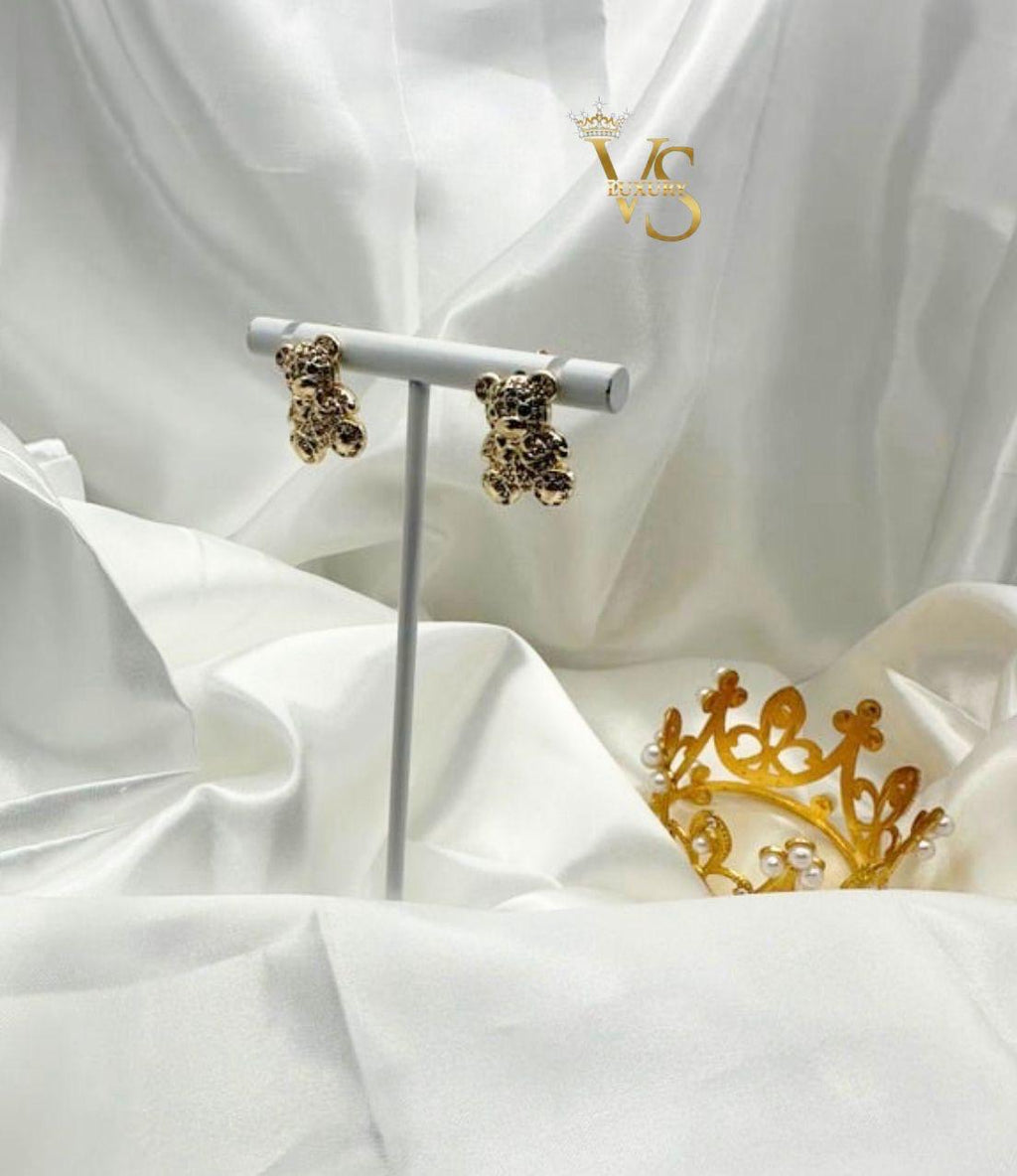 Valdes Luxury Bear Design Stud Earrings – 14K Gold Plated Clear Zirconia