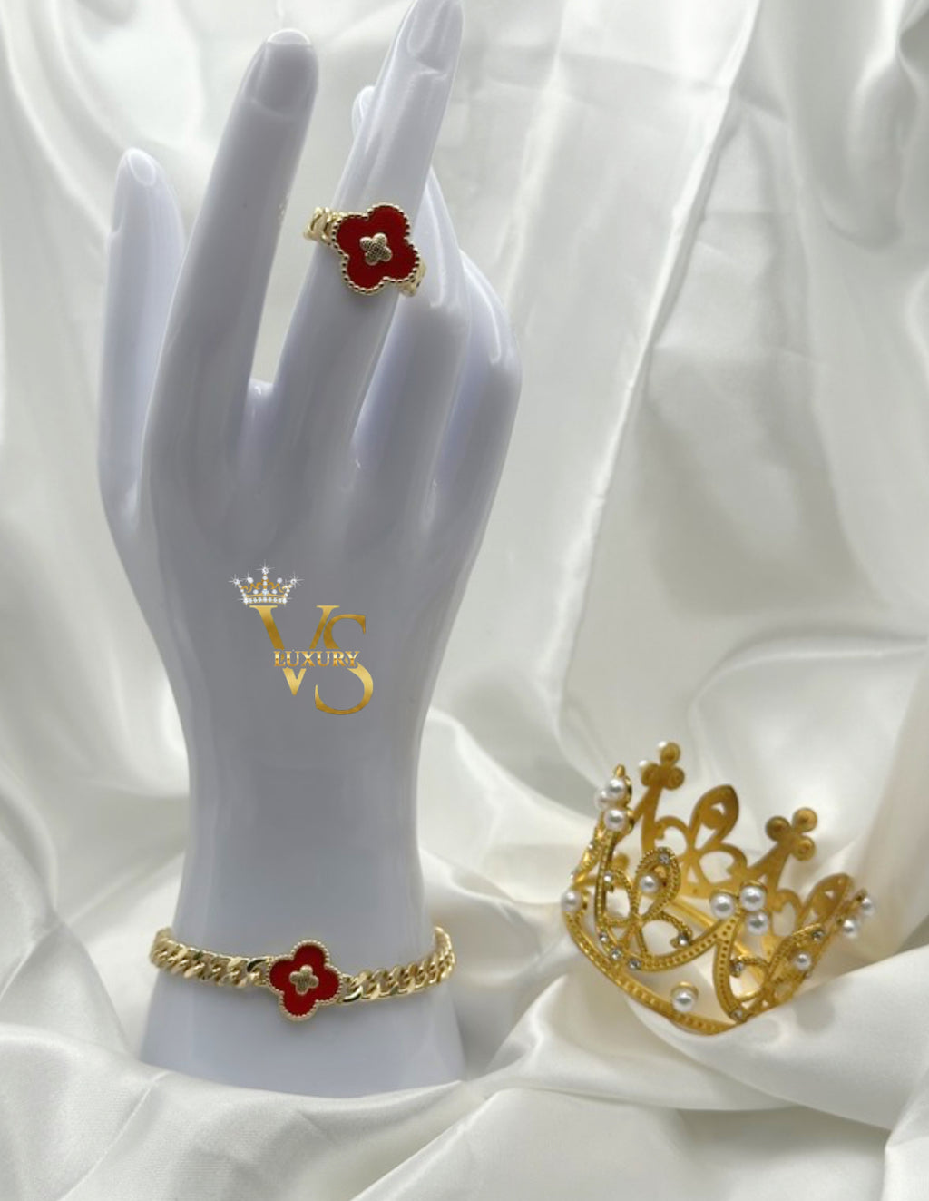 Valdes Luxury 14K Gold Plated Bracelet & Ring Set – Red Flower Design, High Quality Everyday Jewelry