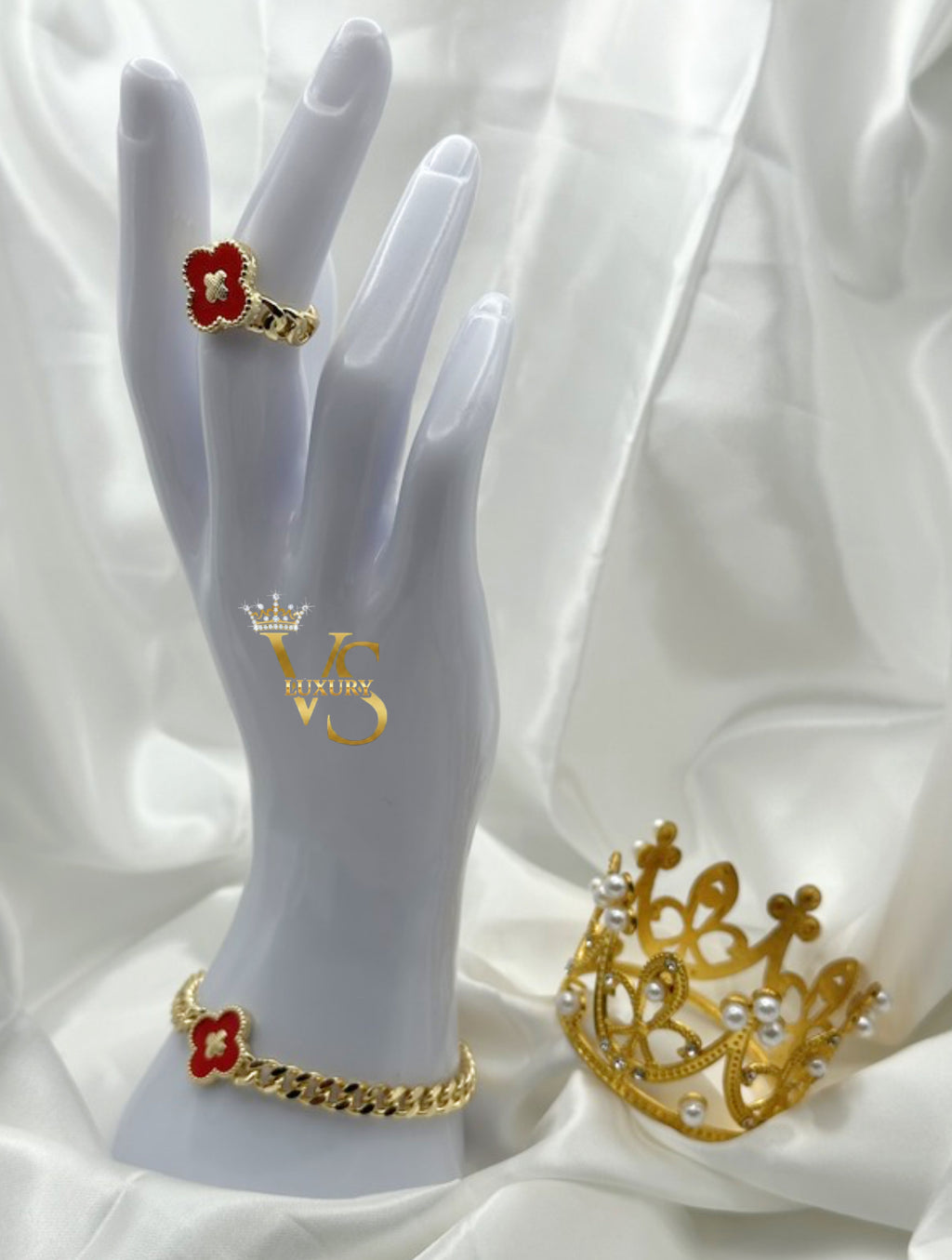 Valdes Luxury 14K Gold Plated Bracelet & Ring Set – Red Flower Design, High Quality Everyday Jewelry