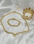 Valdes Luxury Cuban Link Necklace and Bracelet Set with Zirconia Elegant Center Design 14K Gold Plated High Quality Everyday Jewelry
