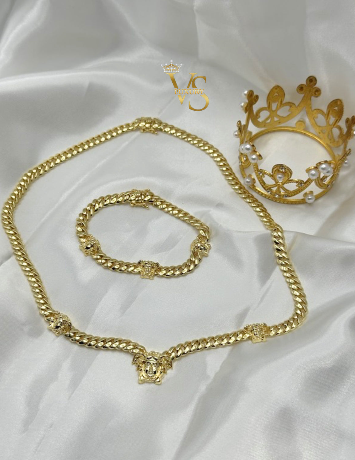 Valdes Luxury Cuban Link Necklace and Bracelet Set with Zirconia Elegant Center Design 14K Gold Plated High Quality Everyday Jewelry