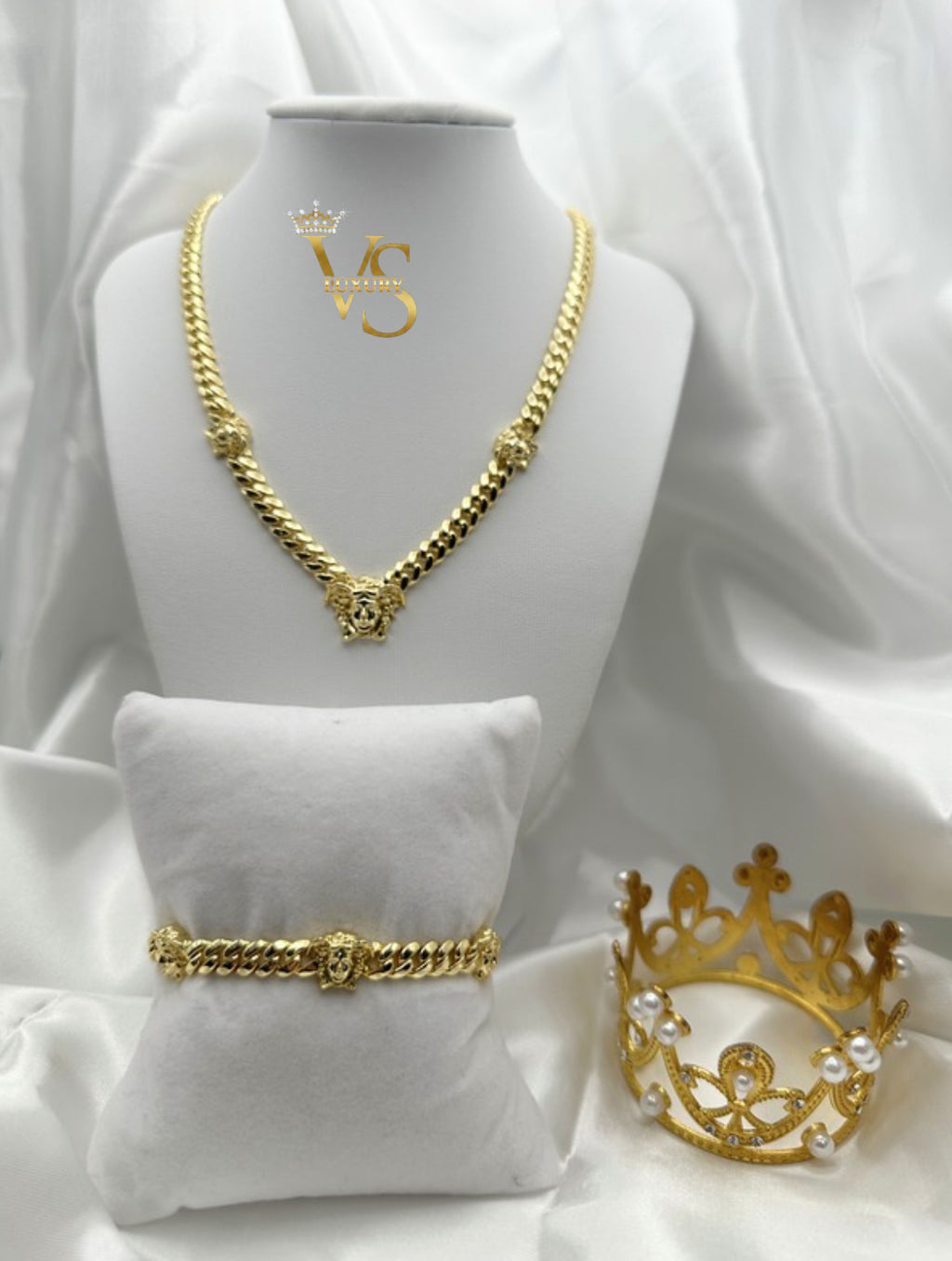 Valdes Luxury Cuban Link Necklace and Bracelet Set with Zirconia Elegant Center Design 14K Gold Plated High Quality Everyday Jewelry
