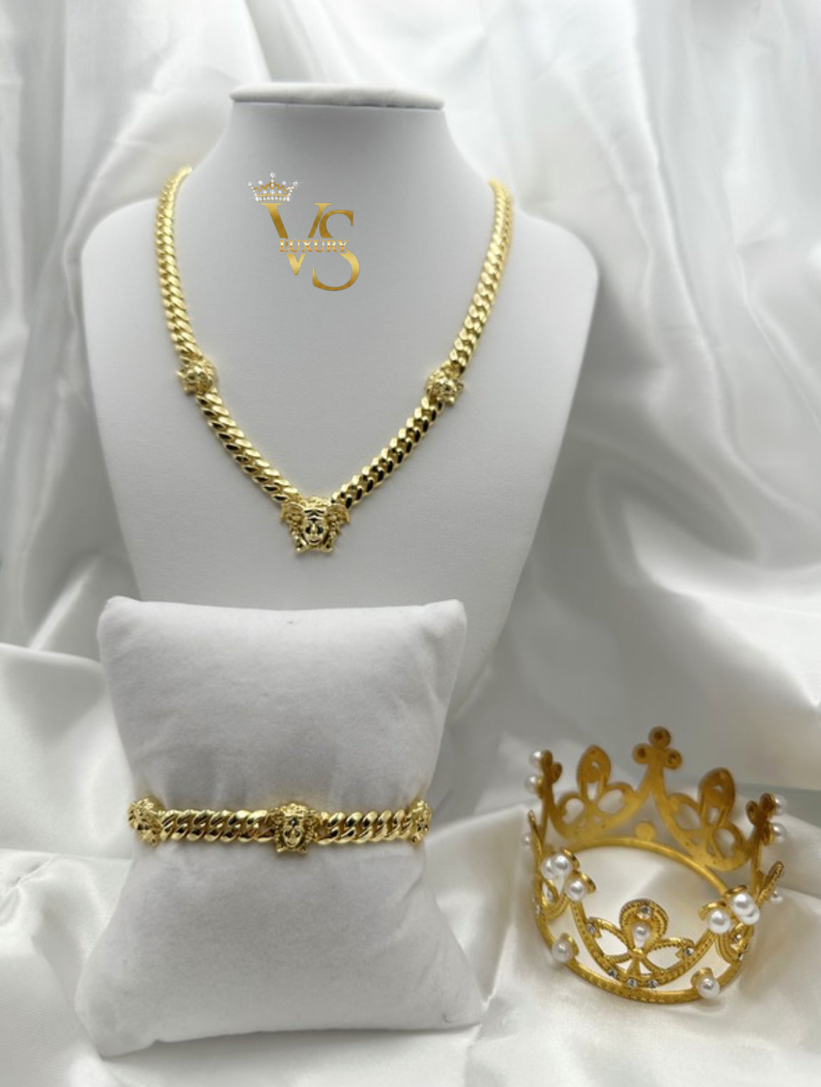 Valdes Luxury Cuban Link Necklace and Bracelet Set with Zirconia Elegant Center Design 14K Gold Plated High Quality Everyday Jewelry
