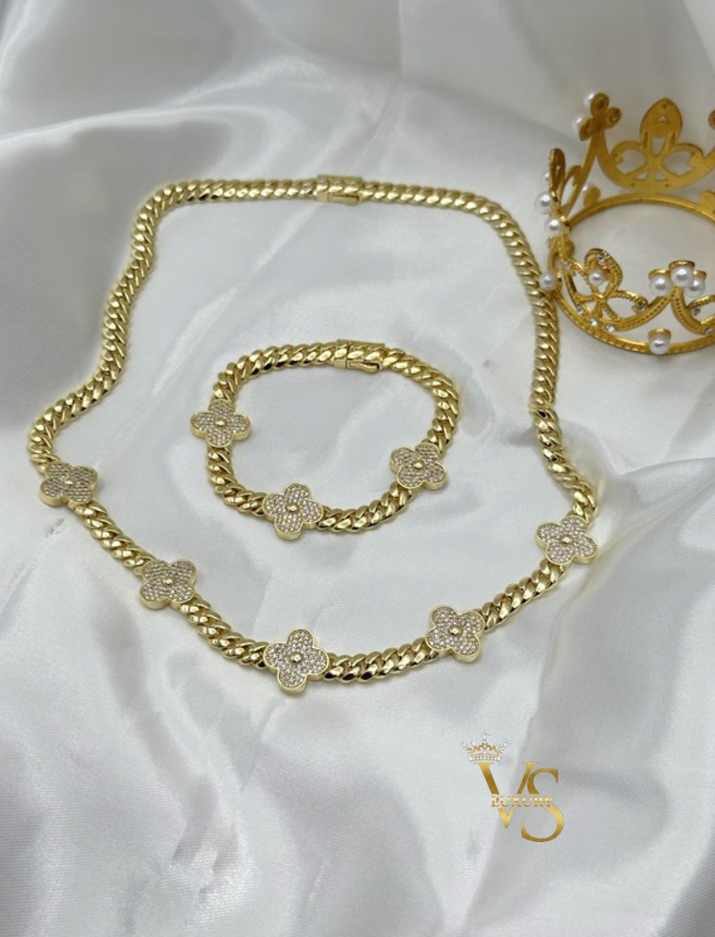 Valdes Luxury Cuban Link Necklace and Bracelet Set with Zirconia Floral Design 14K Gold Plated High Quality Everyday Jewelry
