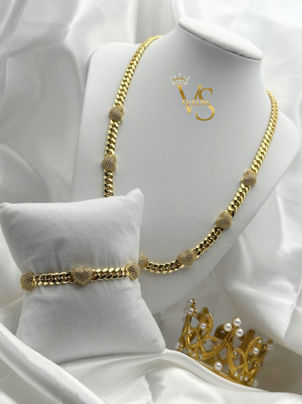 Valdes Luxury Cuban Link Necklace and Bracelet Set with Zirconia Heart Details 14K Gold Plated High Quality Everyday Jewelry