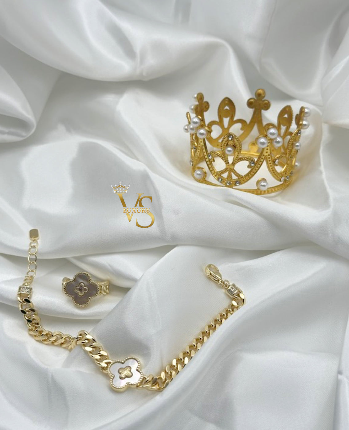 Valdes Luxury Pearl Floral Bracelet & Ring Set – 14K Gold Plated