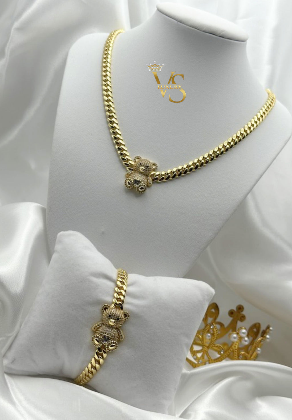 Valdes Luxury Cuban Link Necklace and Bracelet Set with Zirconia Bear Design 14K Gold Plated High Quality Everyday Jewelry 6MM