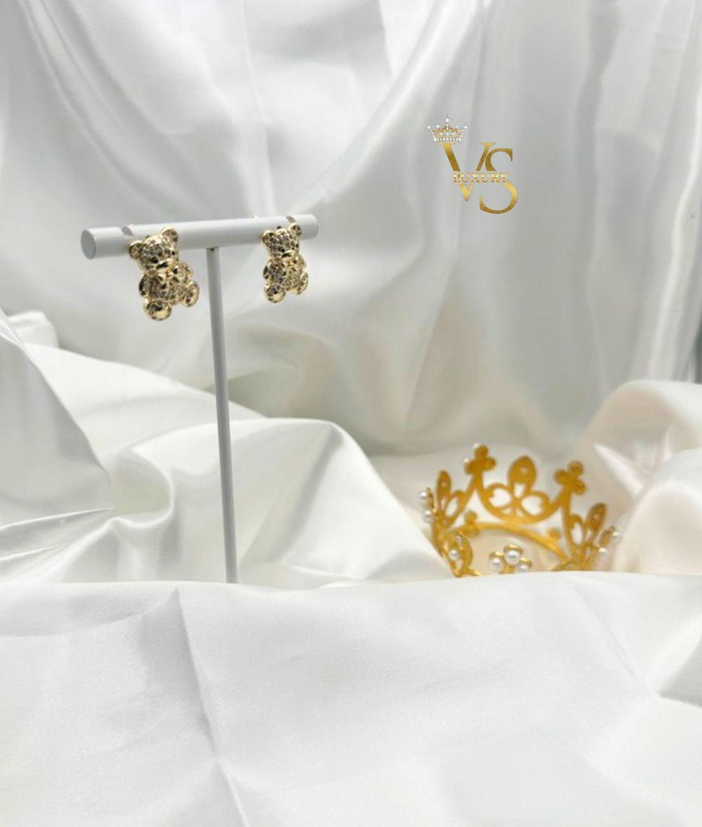 Valdes Luxury Bear Design Stud Earrings – 14K Gold Plated Clear Zirconia