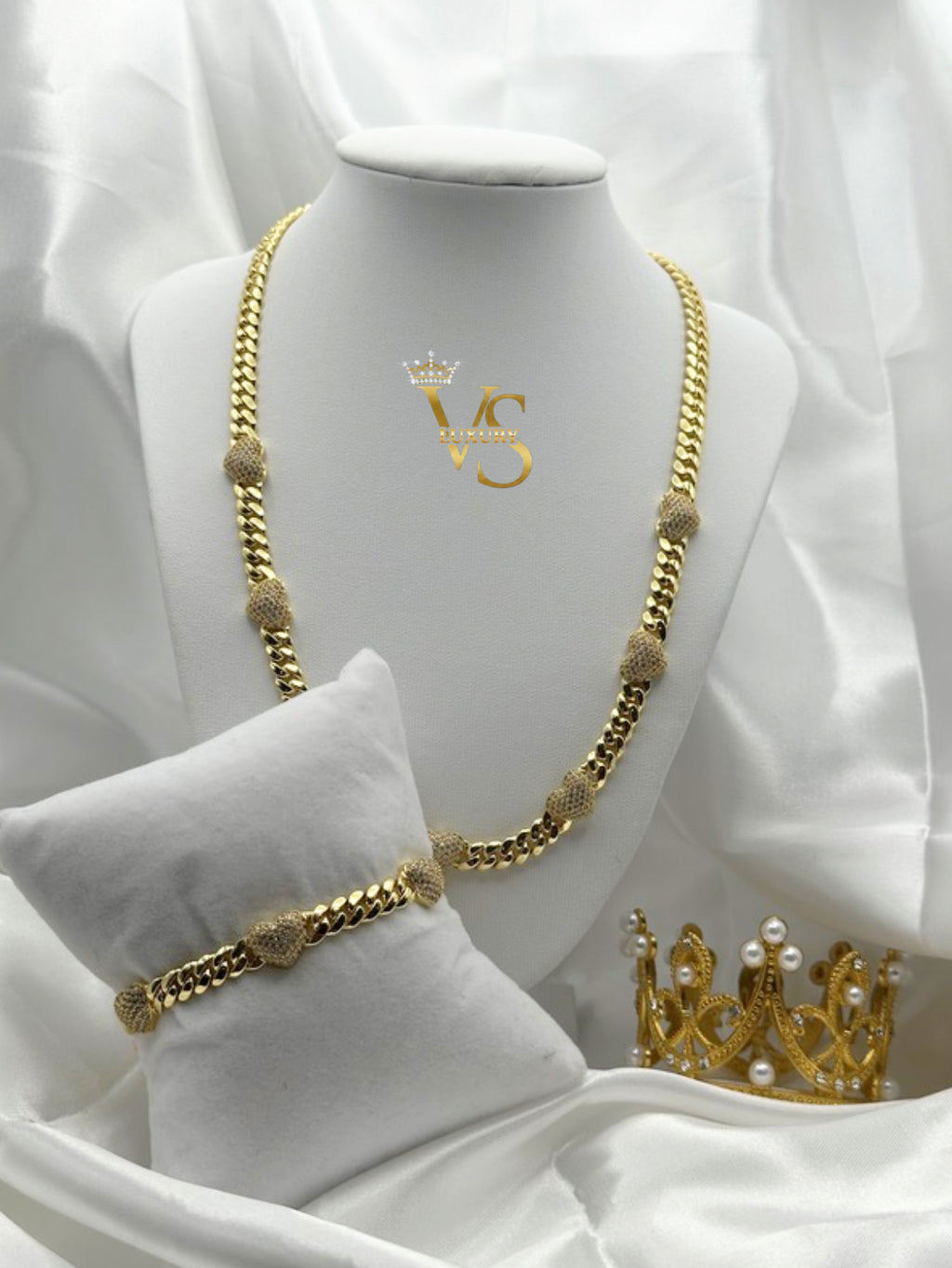 Valdes Luxury Cuban Link Necklace and Bracelet Set with Zirconia Heart Details 14K Gold Plated High Quality Everyday Jewelry