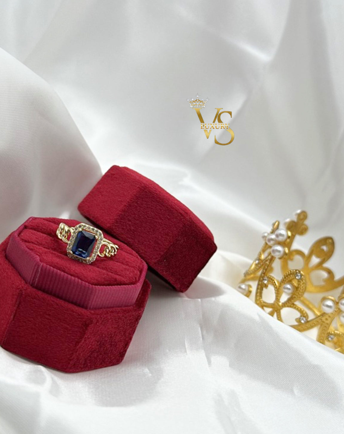 Valdes Luxury Gold Laminated 14K Blue Zirconia Statement Ring High Quality Daily Wear