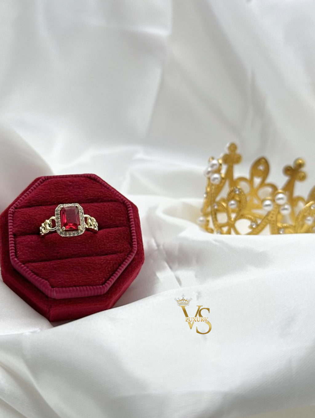Valdes Luxury Gold Laminated 14K Red Zirconia Statement Ring High Quality Daily Wear