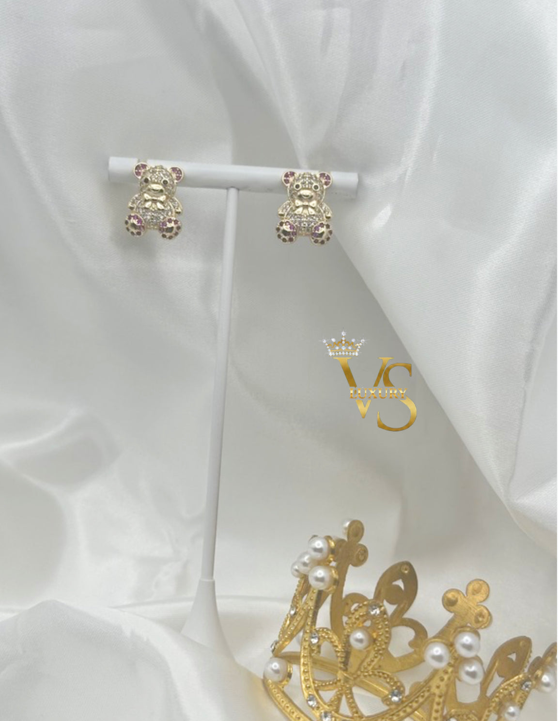 Valdes Luxury Bear Design Stud Earrings – 14K Gold Plated Pink Zirconia