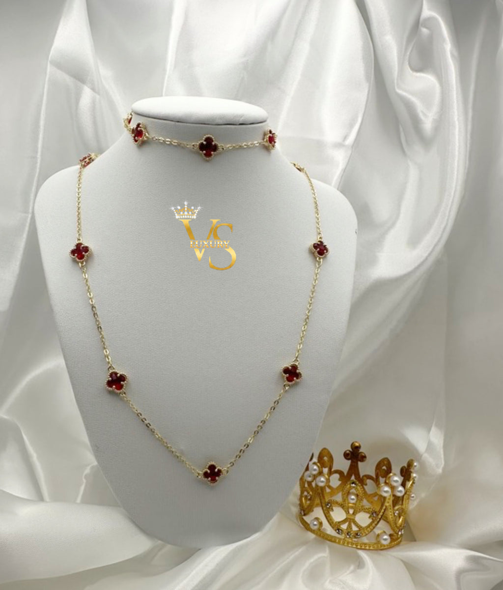 Valdes Luxury Clover Station Necklace 14K Gold Plated – Red Zirconia Details, Elegant High Quality Daily Wear Jewelry