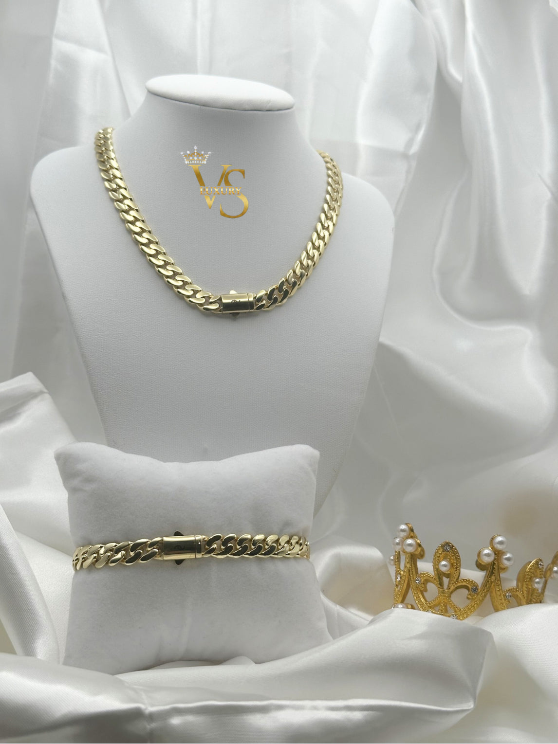 Valdes Luxury Cuban Link Monaco Clasp Set – Smooth Style 14K Gold Plated