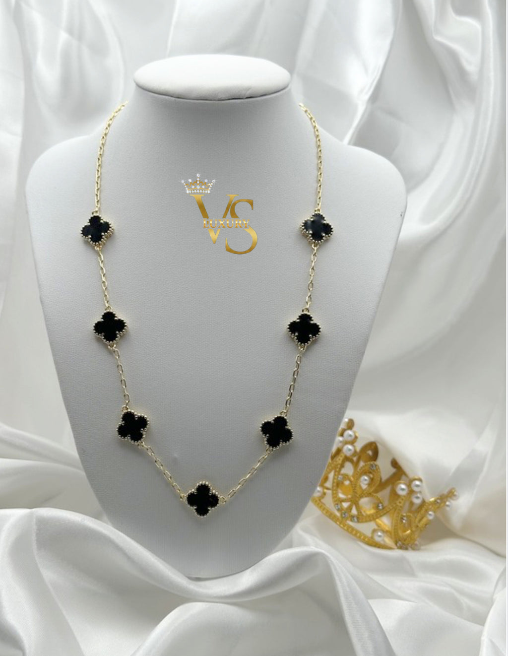 Valdes Luxury Black Floral Chain Necklace – 14K Gold Plated