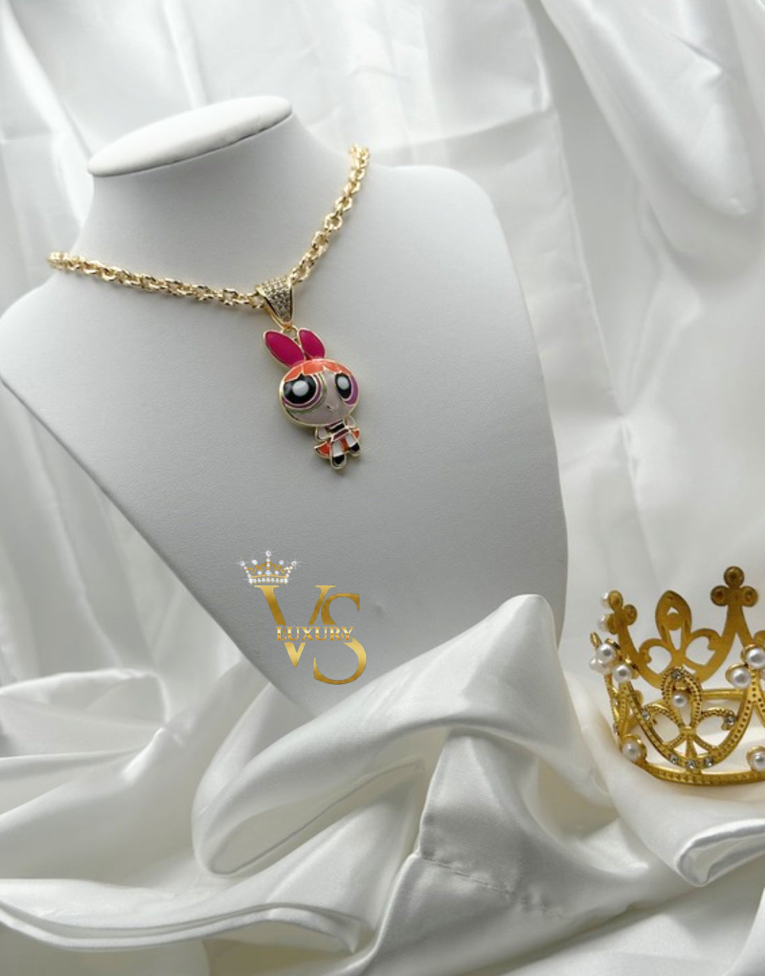 Valdes Luxury Cartoon Girl Pink Bow Pendant Chain – 14K Gold Plated, High Quality Everyday Jewelry