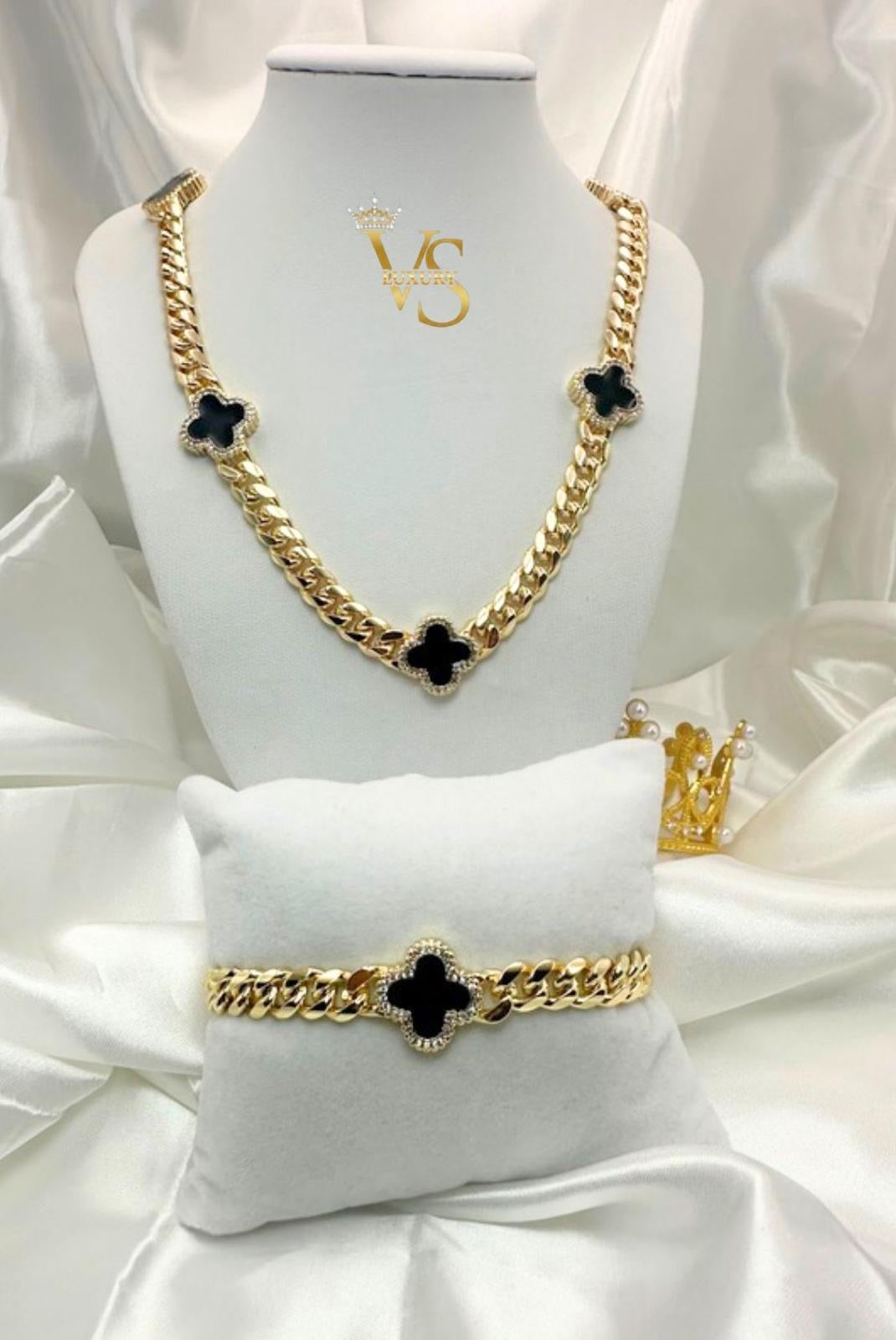 Valdes Luxury Monaco Black Floral Set – 14K Gold Plated Necklace & Bracelet