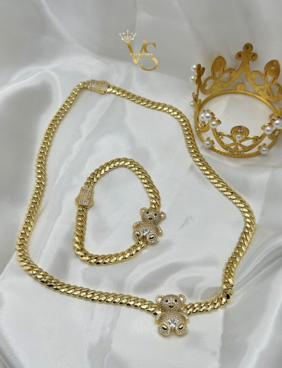 Valdes Luxury Cuban Link Necklace and Bracelet Set with Zirconia Bear Design 14K Gold Plated High Quality Everyday Jewelry 6MM