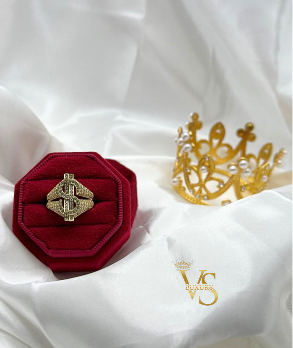 Valdes Luxury Gold Laminated 14K Dollar Sign Zirconia Ring High Quality Daily Wear