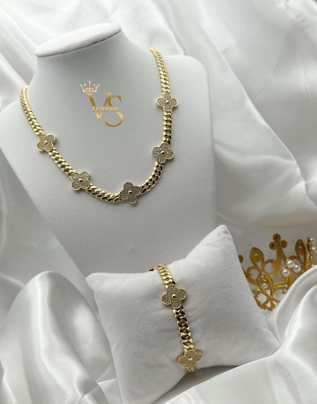 Valdes Luxury Cuban Link Necklace and Bracelet Set with Zirconia Floral Design 14K Gold Plated High Quality Everyday Jewelry