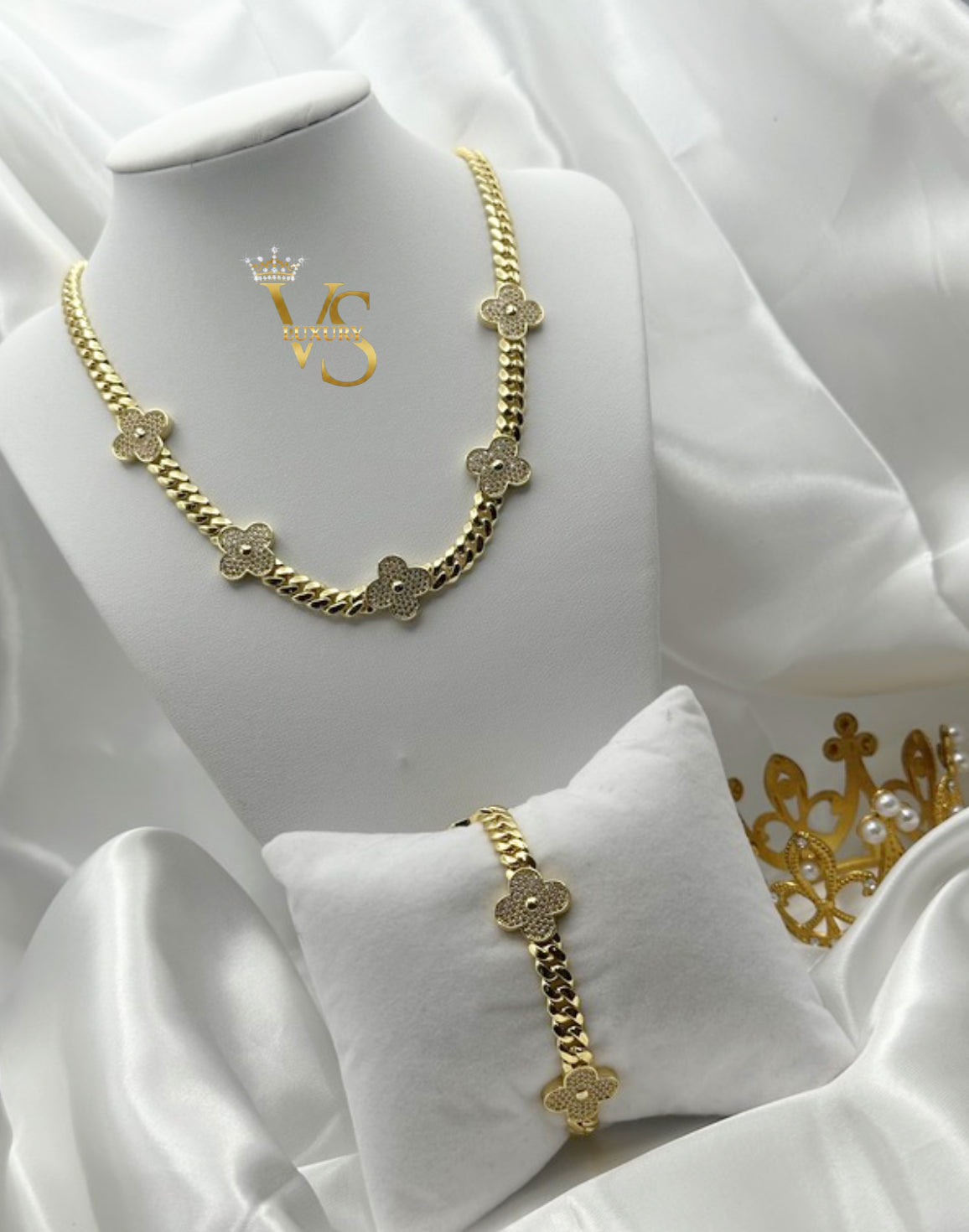 Valdes Luxury Cuban Link Necklace and Bracelet Set with Zirconia Floral Design 14K Gold Plated High Quality Everyday Jewelry