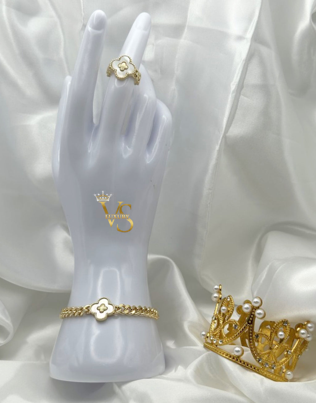 Valdes Luxury Pearl Floral Bracelet & Ring Set – 14K Gold Plated