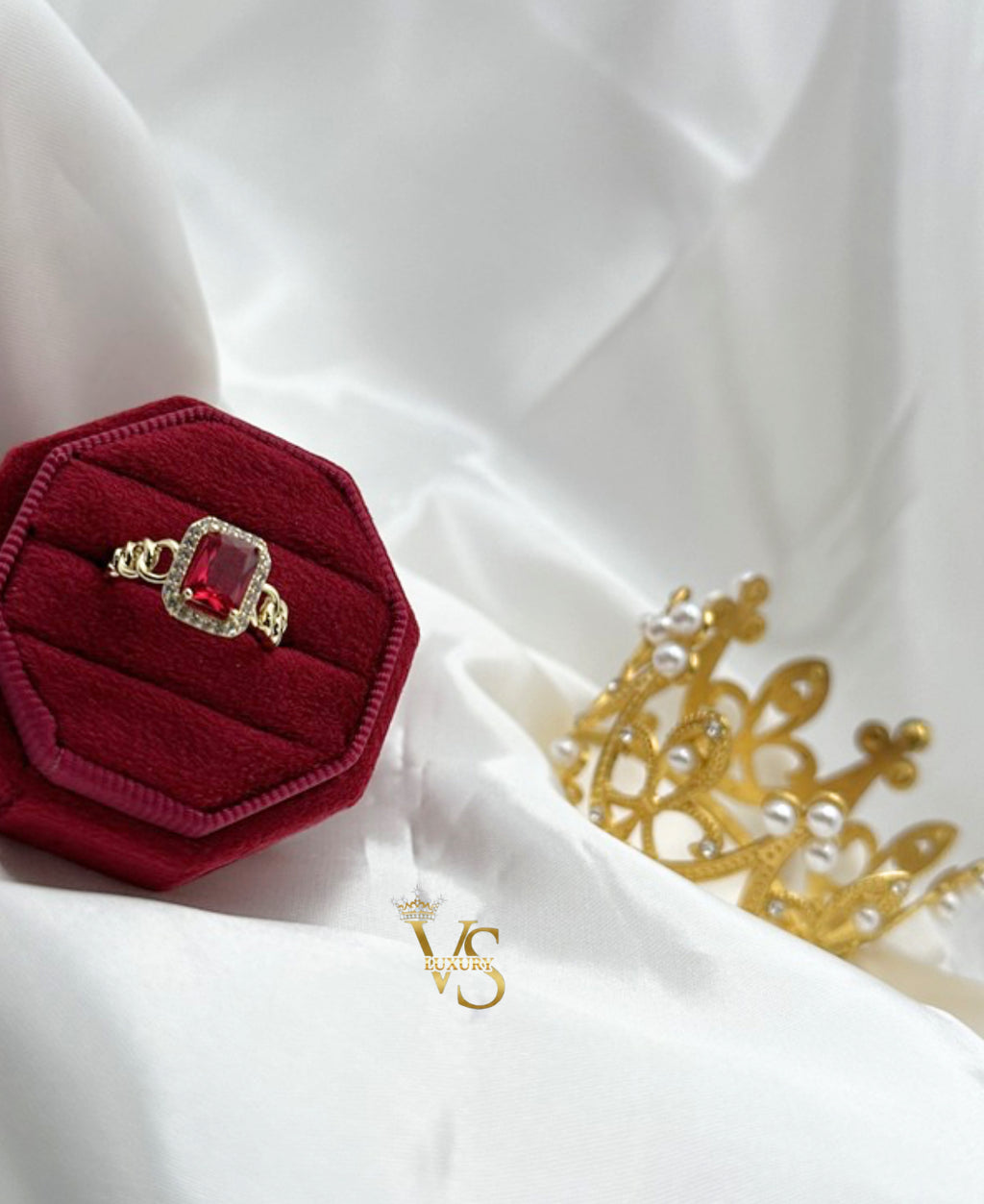 Valdes Luxury Gold Laminated 14K Red Zirconia Statement Ring High Quality Daily Wear