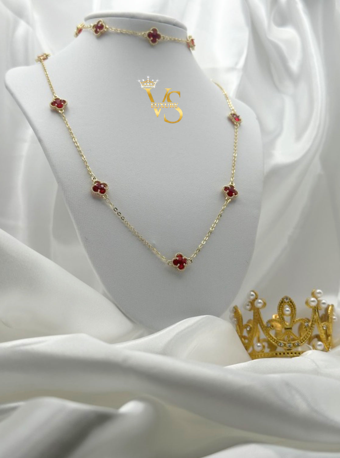 Valdes Luxury Clover Station Necklace 14K Gold Plated – Red Zirconia Details, Elegant High Quality Daily Wear Jewelry